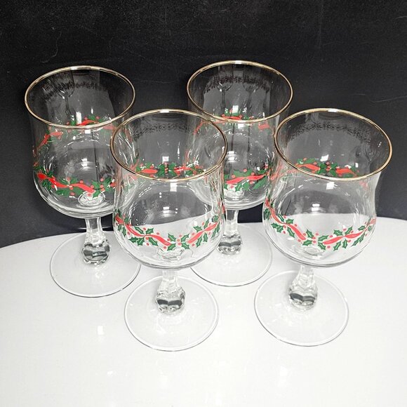4 Libbey Holly Ribbons Wine Glasses 6.5" Christmas water goblets vintage 8oz - Picture 3 of 7